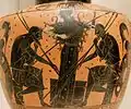Ungerüstete Krieger mit Athena; schwarzfigurige Hydria, um 510 v. Chr.; Metropolitan Museum of Art, New York