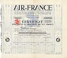 Aktie der Air France S.A. über 20 Anteile zu je 500 Francs, ausgegeben in Paris am  2. August 1937, mit Unterschrift ihres Gründers Ernest Roume als Präsident