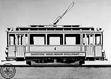 Seite aus dem Produktkatalog der Aktiengesellschaft für Eisenbahn- und Militärbedarf Weimar mit Straßenbahn für die Sächsische Überlandbahn GmbH