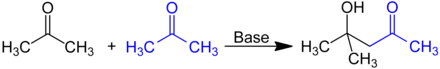 Herstellung von Diacetonalkohol durch Aldolreaktion von zwei Acetonmolekülen.