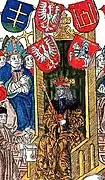Eine Darstellung des Großherzogs Alexander Jagiellon aus dem Jahr 1506 im polnischen Senat, umgeben von litauischen und polnischen Wappen