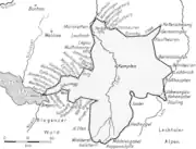 Kombinierte Karte mit weiteren Landschaften anhand des Buches Wegweiser für Wanderer im Algäu, Lechthale und Bregenzer­walde von Philipp Jakob Karrer (1847)
