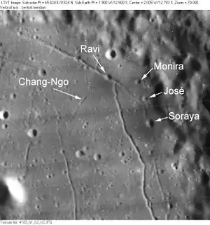 Monira und Umgebung mit den Kratern Chang-Ngo, Ravi, José und Soraya (Lunar Orbiter IV)