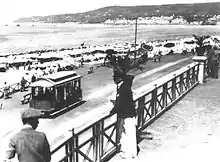 Pferdestraßenbahn vor der Praia da Claridade, um 1860