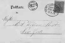 Postkarte mit Zug auf der Bahnstrecke Bodenheim–Alzey befördert (Stumpfovalstempel) und dann weiter nach New York, in 8 Tagen, im Jahr 1904