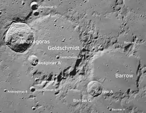 Goldschmidt und Anaxagoras mit Nebenkratern (Norden oben; LROC-WAC)