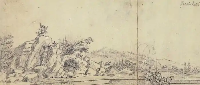Zeichnung der Andromedaklippe (Schwedisch: Andromedaklippan) im Schlosspark von Ulriksdal (ca. 1664) für Erik Dahlbergs Buch Suecia antiqua et hodierna