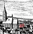 Matthäus Merian: Ansicht von 1650 mit Marienkirche und rotmarkierten gotischem Giebelhaus