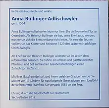 Gedenktafel von Anna Bullinger-Adlischwyler am Zwingliplatz 4 in Zürich.