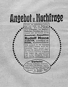 Annoncen-Expedition Inserat von Rudolf Mosse (1843–1920). In der Schweizerische illustrierte Monatszeitschrift „Am häuslichen Herd“ von 1914.