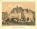„Marktplatz zu Heilbronn“ (mit Rathaus) Farblithographie von Robert Stieler (Landschafts- u. Architekturmaler * 15. Juni 1846; † 3. Mai 1908)
