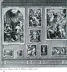 „Cinquième Salle, partie à droite de la Seconde Facade“ mit neun Gemälden von Rubens darunter „Himmelfahrt Mariae“.