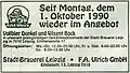 Anzeige der Brauerei F.A. Ulrich am 3. Oktober 1990