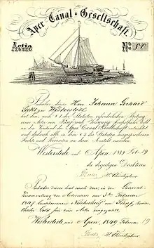 Gründeraktie der Aper Canal-Gesellschaft über 25 Reichstaler Gold, ausgegeben am 19. Februar 1849 in Westerstede und Apen mit Darstellung einer bei der Flussschifffahrt verwendeten Schaluppe