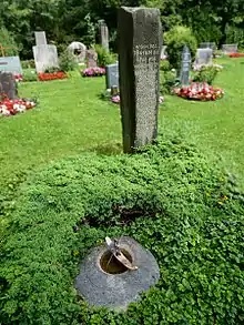 Armin Schibler (1920–1986) Komponist, Musikpädagoge, Grab auf dem Friedhof Witikon, Zürich Inschrift: Wenn das Tönende die Spur der Wahrheit ist-Unberedbare Sprache wortlose Botschaft. Dann bist Du am Ort. Lausche sei gefasst bis an die Ränder des Schmerzes