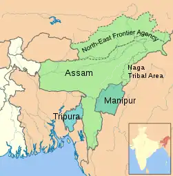 ﻿ Der Bundesstaat Assam im Jahr 1951. Die North-East Frontier Agency und die Naga Tribal Area hatten einen Sonderstatus, waren jedoch formal Teil Assams (gestrichelt eingezeichnet das von der Volksrepublik China beanspruchte Territorium)