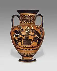 Ungerüstete Krieger mit Athena; schwarzfigurige Halsamphora, um 510 v. Chr., Medea-Gruppe; J. Paul Getty Museum, Malibu