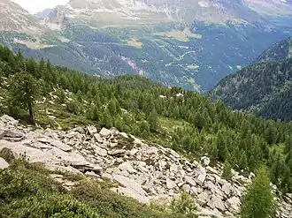 Pass Giümela (am Horizont links) mit Fahrweg von Rossa. Sicht vom Calanca Höhenweg.