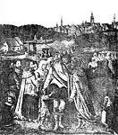 Nachdruck eines Ölgemäldes aus dem 16. Jahrhundert mit Darstellung des Heiligen Nikolaus von Myra am Klagesmarkt vor dem Alten St.-Nikolai-Friedhof und der Stadtbefestigung Hannovers Fotolithografie der Aubeldruck-Anstalt aus August Juglers Buch Aus Hannovers Vorzeit