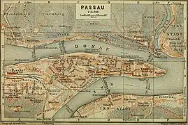 Karte der Brücken in Passau Anfang des 20. Jahrhunderts