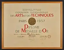 Auszeichnung Weltfachausstellung Paris 1937