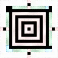 Der Kern eines großen Aztec Codes. Die hier rot oder blau schraffierten Bereiche müssen weiß dargestellt werden, der grüne Bereich enthält Informationen über die Größe der Struktur. Der eigentliche Datenbereich ist im grau schraffierten Randbereich und außerhalb des hier gezeigten Kerns.
