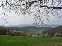 Blick von Böllstein (Wallbrunn) nach Westen: über Gneis-Hügel (rechts: Schnellerts, links: Eichberg-Rücken) und das Gesprenztal zum Flasergranitoid-Höhenzug Neunkircher-Höhe - Nonrod
