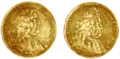 Goldmedaille mit dem Antlitz von Matthäus Rodde d. Ä. (links) und Johannes Ritter (rechts) welche im Jahre 1669 letzterer prägen ließ, als er zum Bürgermeister von Lübeck gewählt wurde, und im Andenken seines Freundes.