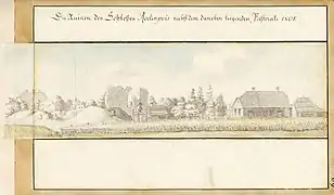 Blick auf die Burgruine und Weide daneben (1801).
