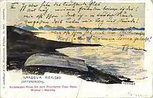 Von Hans Beat Wieland entworfene Postkarte von der Fahrt Axel Bades mit der SS Oihonna 1903 (Zusatzfrankatur mit „POLAR-POST“-Marke, Stempel: Hammerfest 21.VII.1903)