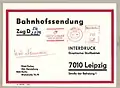 Bahnhofssendung vom 17. September 1986 mit Absenderfreistempel (unregelmäßige Einlieferung)