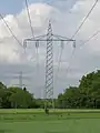 Bahnstrommast der Leitung Aschaffenburg–Weiterstadt von 1956, Standardbauform der Deutschen Bahn