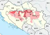 Hauptschadensgebiete in Bosnien-Herzegowina  und Serbien﻿… schwer betroffen﻿… minder schwer betroffen (Katastrophenalarm in Bosnien)