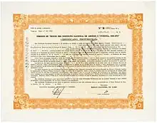 Vorläufiges Zertifikat für eine Anleihe der Banco Nacional de Cuba über 300.000,00 Pesos, ausgestellt in Havanna am 22. Januar 1960, im Original unterschrieben von Ernesto „Che“ Guevara als Präsident der kubanischen Zentralbank (26. November 1959 bis 23. Februar 1961). Die Anleihe war bestimmt für die Finanzierung der Nationalen Spar- und Wohnungsbaugesellschaft (INAV), zwischen 1959 und 1962 verantwortlich für einen großen Teil des staatlichen Wohnungsbaus in Kuba.