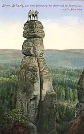 historische Postkarte der Erstbesteigung der Barbarine, das angegebene Datum ist falsch, die Erstbesteigung fand bereits am 19. September 1905 statt