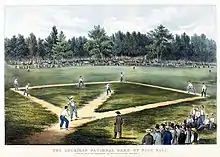 Frühes Baseballspiel auf den Elysian Fields in Hoboken, New Jersey (Lithographie von Currier and Ives)