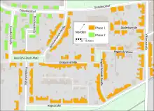 Lageplan der Zollvereinsiedlung, die Bauphasen sind farbig hervorgehoben