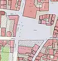 Bebauung des Hansaplatzes um 1914. Im Norden dominiert nun der Althoff-Erweiterungsbau. Im Hintergrund eine Karte von 2018.