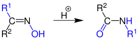 Reaktionsmechanismus der Beckmann-Umlagerung. Die blaue Markierung stellt die Umlagerung von Atomen in den Vordergrund.