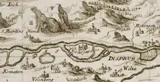 Kranebitten mit alter Sillmündung, Tiergarteninsel, bis Stadt Innsbruck (ca. 1700, Ausschnitt aus Insprug mit der Gegend auf 2 Stunden)