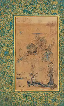 Ein von Hunden attackierter Dichter. Frühes, von Walī beeinflusstes Bild. Links unten steht: „Illustriert von Behzād“, etwa 1480.