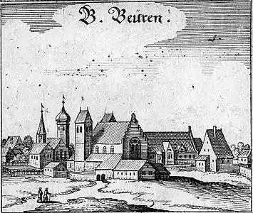 Vor der barocken Umgestaltung (Matthäus Merian † 19. Juni 1650, Ort mit 4 Kirchtürmen)