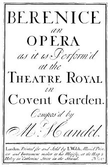 Georg Friedrich Händel – Berenice – Titelblatt der Partitur – London 1737