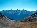 Bergüner Stöcke von Norden mit Piz Ela, Tinzenhorn und Piz Mitgel, aufgenommen von der Furcletta