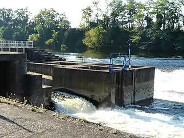 Wehr an der rechten Talseite mit Fischtreppe
