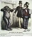 Darwin erfuhr für seine Thesen einer evolutionären Kontinuität zwischen Menschen und anderen Tieren ähnlichen Hohn seiner Zeitgenossen. Hier eine Karikatur, in der Bergh für einen weinenden Gorilla die Partei gegen Darwin Ergreift, damit der Gorilla den Menschen keine Alimente ob ihres Verwandtschaftsverhältnisses zahlen müsse.