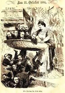 Wie Berolina die Sechs siebte: Anlässlich des Wahlsieges der Deutschen Fortschrittspartei über die Berliner Bewegung, Karikatur in der Ausgabe vom 2. November 1881