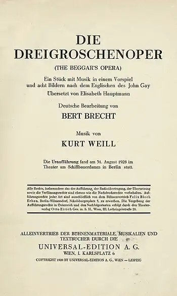 Bertolt Brecht - Die Dreigroschenoper (The Beggar's Opera), Wien, Universal-Edition, (1928)