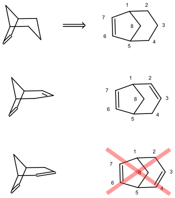 Bicyclo[3.2.1]oct-6-en und Bicyclo[3.2.1]octa-2,6-dien. Die durchgestrichene Formel soll eine falsche Bezifferung erläutern