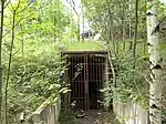 Nahe dem ehemaligen Westportal liegt ein Wartungszugang; im Hintergrund ist die Brücke der neutrassierten Strecke über die B 27 zu sehen